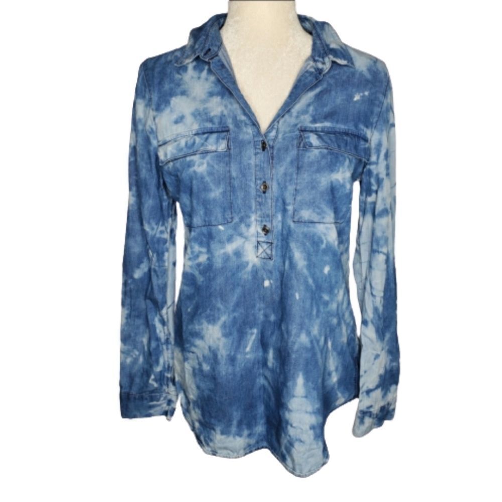 OOAK custom bleach dye blue‎ chambray cotton shirt S